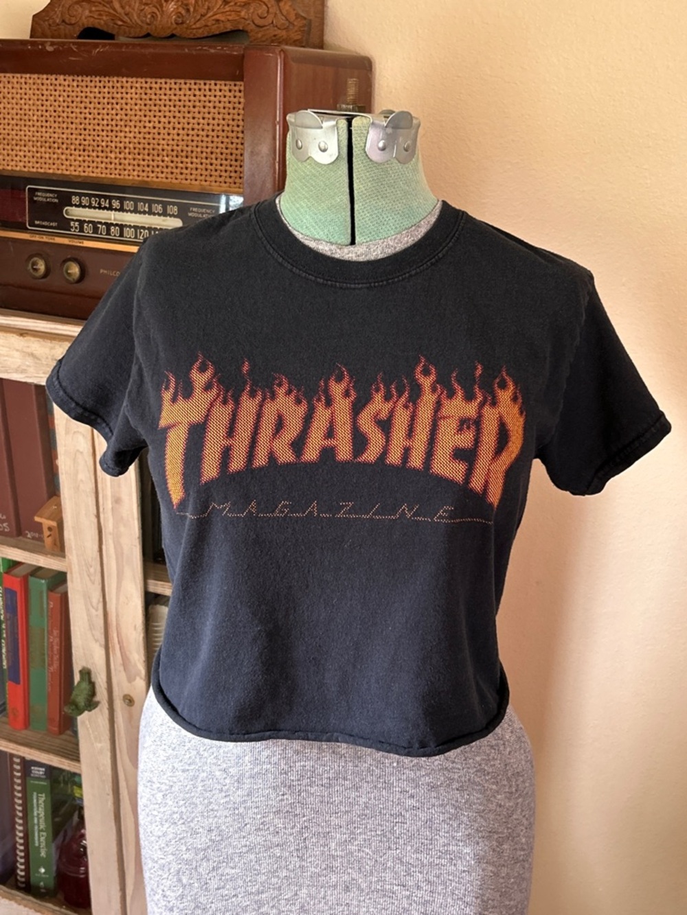 Vintage Y2K Thrasher Flame Logo black Cropped Baby Tee Shirt Grunge Skater